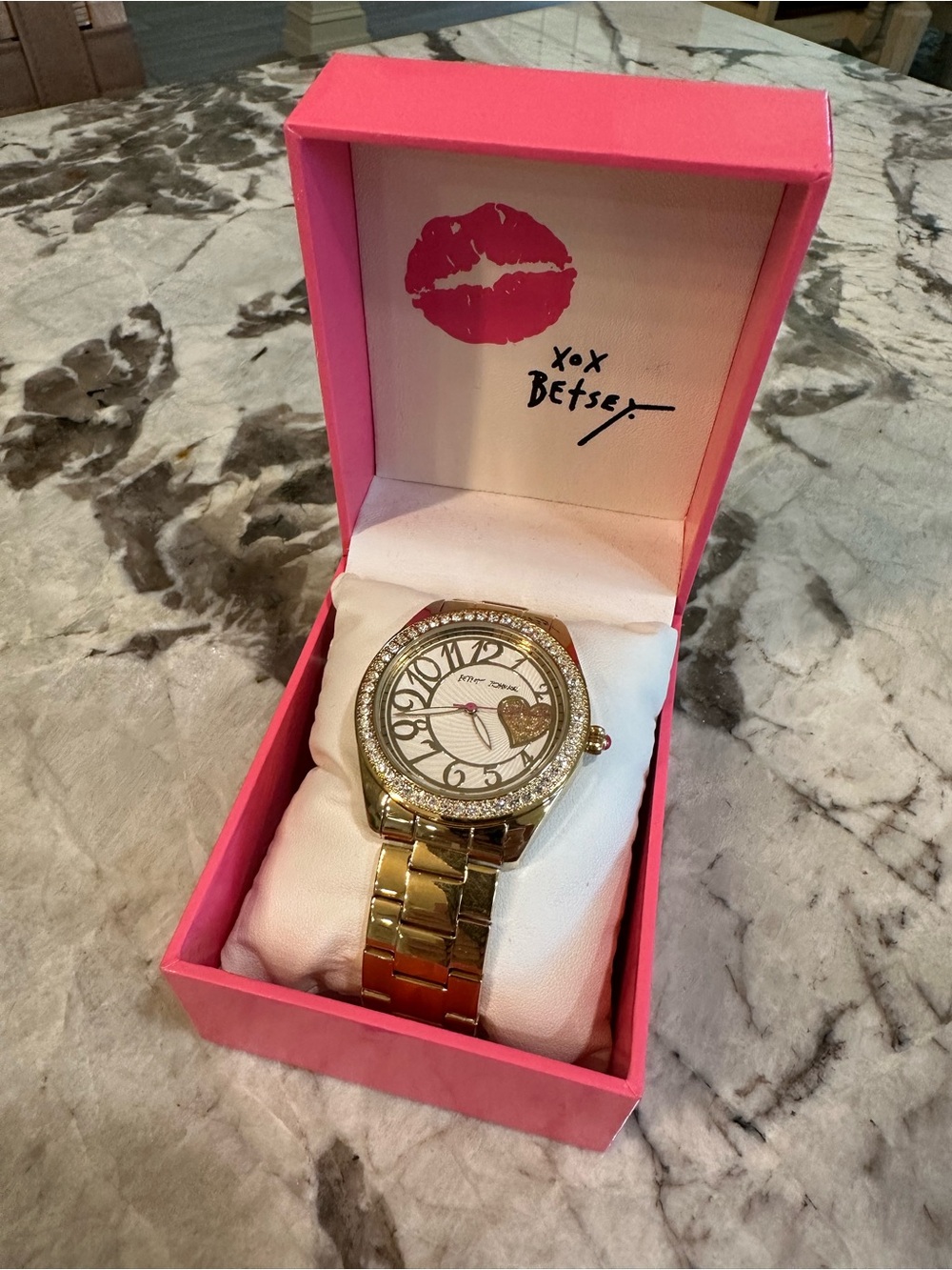 Betsey Johnson Gold Tone Watch with Crystal Bezel and Heart Dial